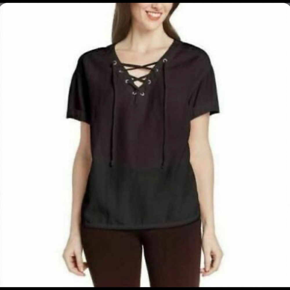 NWT Matty M Women's Size S Black Linen Blend Lace-Up V-Neck Short Sleeve Shirt